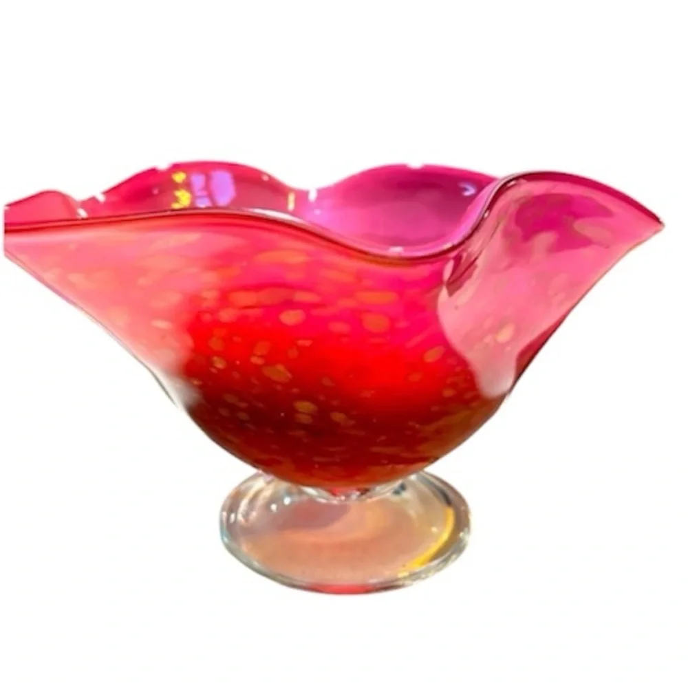 Art Glass cranberry/pink Footed Compote Ruffled w/gold flecks.
